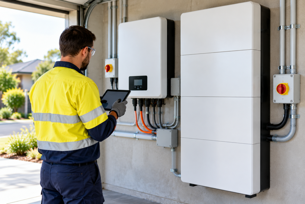 Licensed electrician in hi-vis commissioning a home battery system in an Australian garage