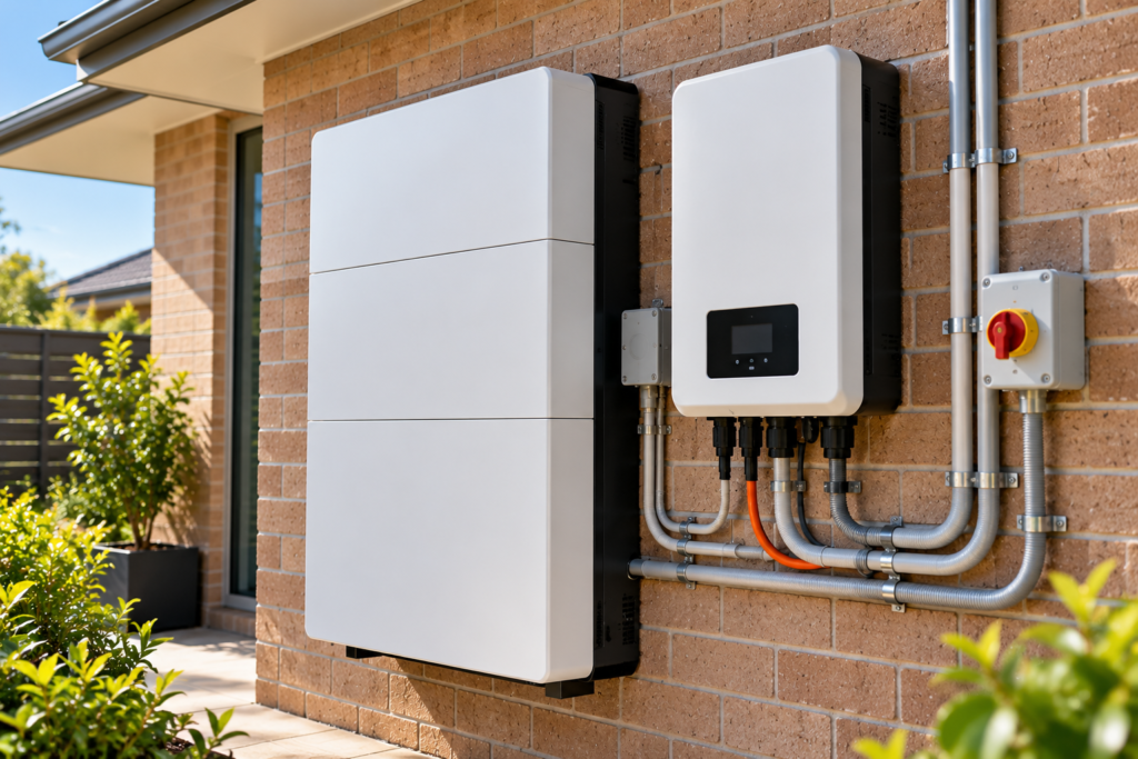 Home battery and hybrid inverter installed on a brick wall with conduit and an isolator switch