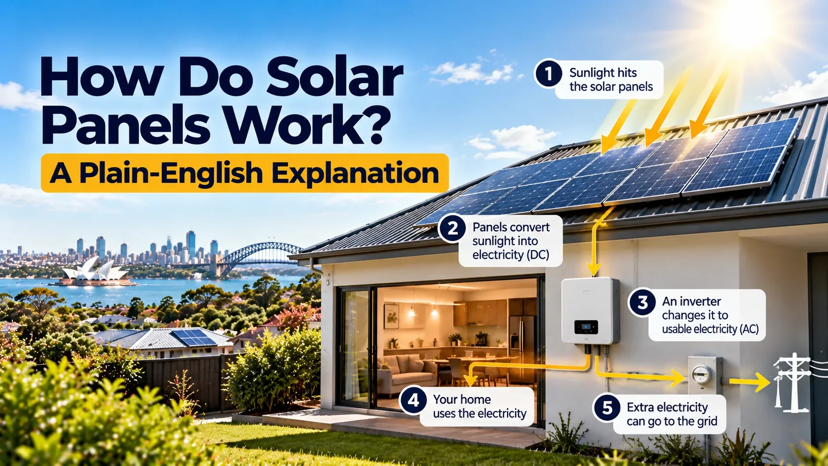 Labelled graphic titled how do solar panels work, showing sunlight hitting an Australian rooftop array, the inverter, the home and the grid