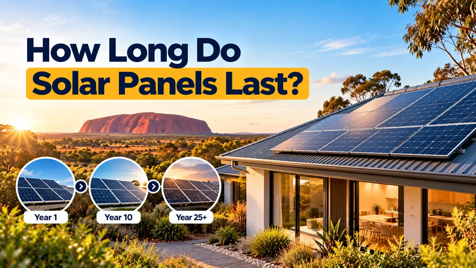 Solar panels on an established Australian home roof, shown alongside year 1, year 10 and year 25 plus stages