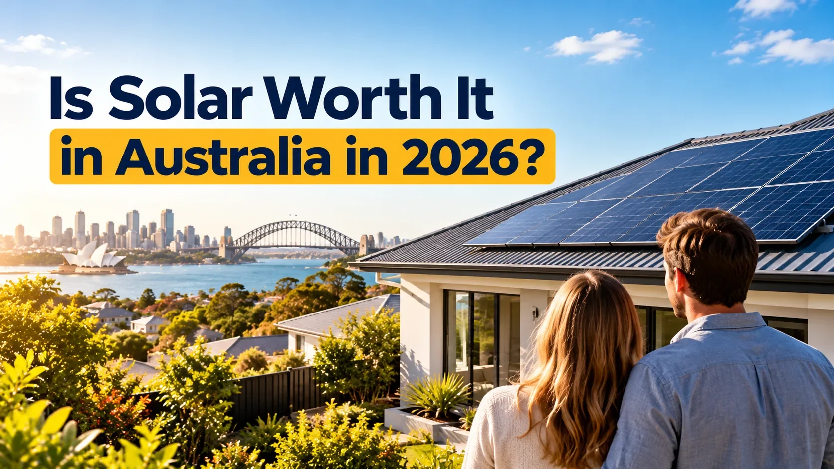 Australian couple looking at the rooftop solar panels on their home above Sydney Harbour, weighing up whether solar is worth it