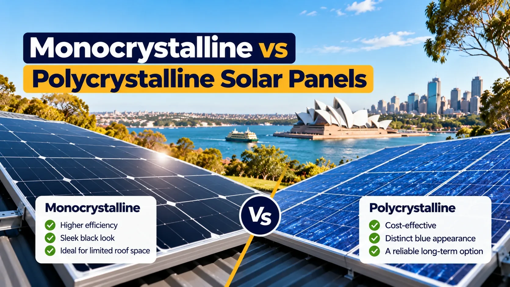 Side by side comparison of a dark monocrystalline solar panel and a blue speckled polycrystalline panel on an Australian roof
