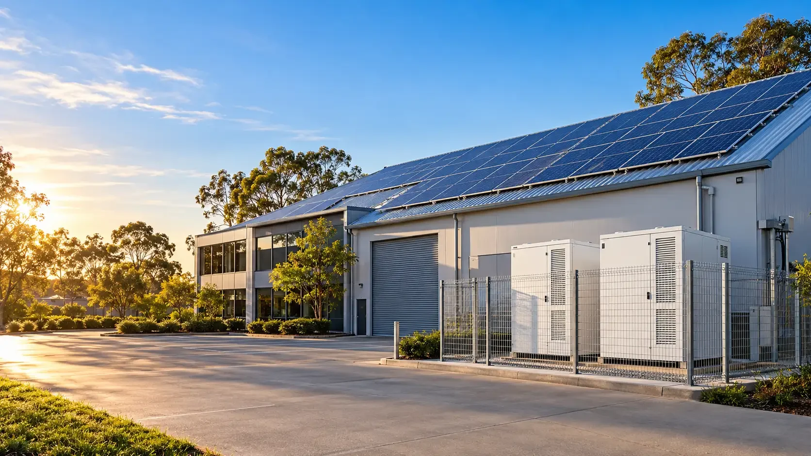 Commercial building in NSW with rooftop solar panels and outdoor battery storage cabinets